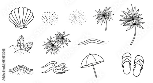 Beach themed line art featuring shell, palm trees, and ocean waves.