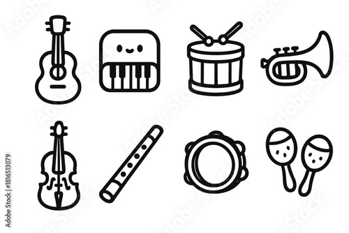 Charming Music Icons. Cute musical instruments concept linear icon set: guitar, piano, drum, trumpet, violin, flute, tambourine, maracas , rounded edges, soft curves, playful