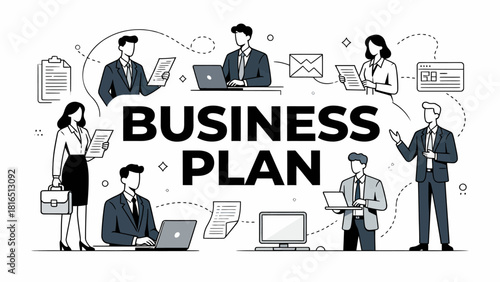 This illustration depicts various business professionals and elements surrounding “Business Plan”，highlighting the key components of strategic planning and corporate collaboration.