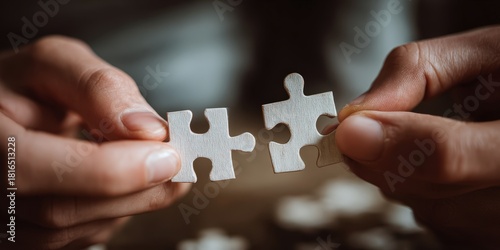 Hands connecting two white puzzle pieces together
