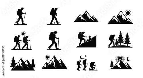 Hiking and camping elements a silhouette illustration of outdoor adventure