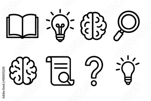 Knowledge Icons Collection. Knowledge elements linear icon set: open book, lightbulb, brain icon, scroll paper, magnifying glass, question mark, idea spark, bookmark tag