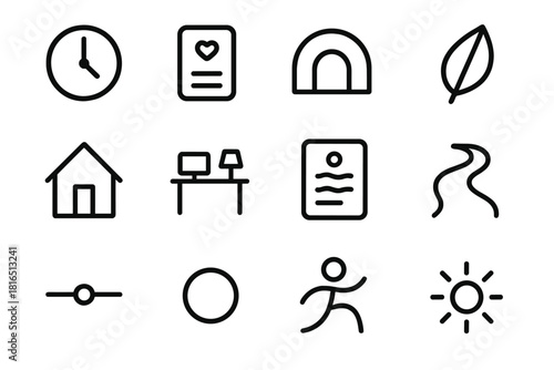 Lifestyle Balance Icons. Lifestyle Balance Symbols linear icon set: routine clock, self-care card, stable arc, grounding leaf, peaceful home, workspace icon, reflection note