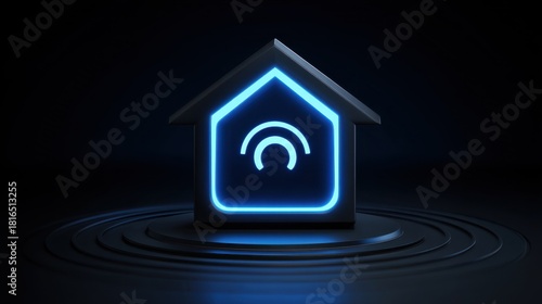 Neon house icon with glowing signal waves on black background for modern real estate and technology themes in digital artwork and web design