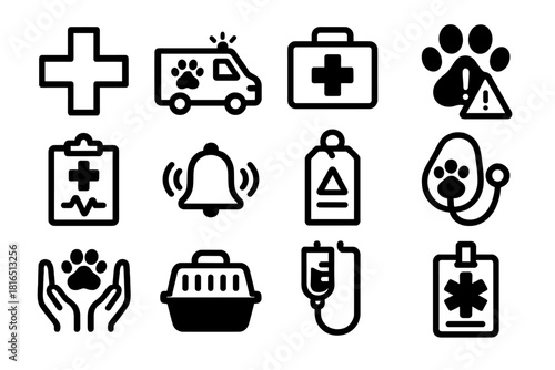 Veterinary Emergency Icons. Emergency Veterinary Support Icons linear icon set: rapid response cross, pet ambulance icon, first-aid kit, urgent paw symbol, emergency chart, alert