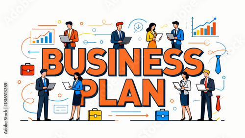 This illustration depicts various business professionals and elements surrounding “Business Plan”，highlighting the key components of strategic planning and corporate collaboration.