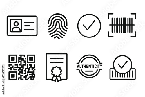 Wallpaper Mural Digital Verification Icons. Verification & Authenticity linear icon set. ID card, fingerprint, seal of approval, verified document, barcode scan, QR code, digital certificate Torontodigital.ca