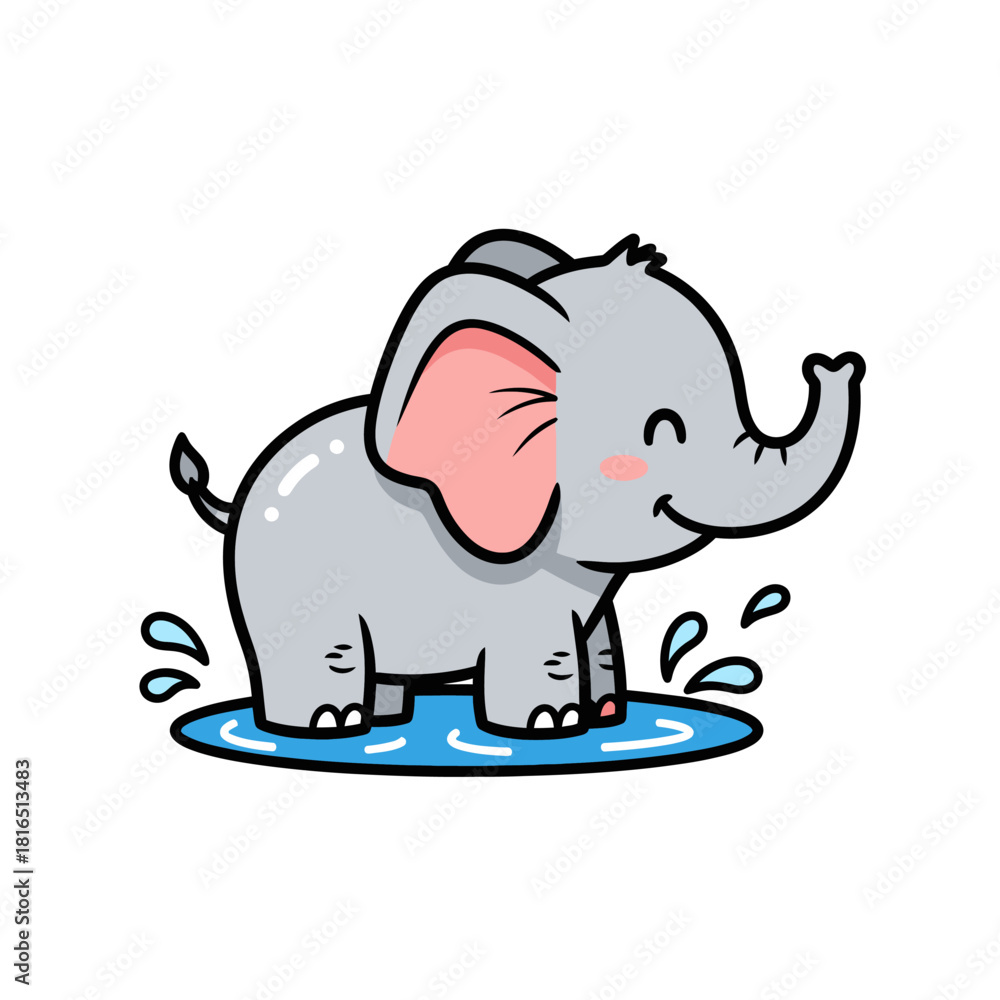 Fototapeta premium Cute cartoon elephant playing in a puddle of water.