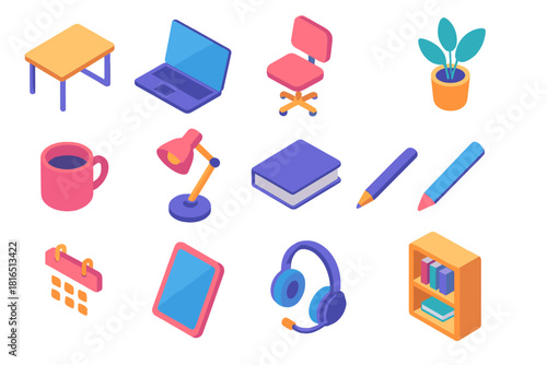 Isometric Home Office Icons. Home Office Icons flat icons set. desk, laptop, chair, plant, cup, lamp, notebook, pen, calendar, tablet, headset, bookshelf