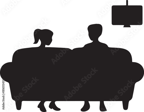 Silhouette of couple relaxing on sofa watching tv together at home