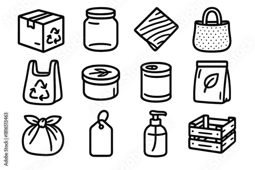 Eco-Friendly Packaging Icons. Sustainable Packaging Materials linear icon set: recycled cardboard box, glass jar, paper wrap, jute bag, biodegradable plastic, bamboo container, tin