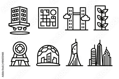 Futuristic Urban Icons. Next-Gen City Design linear icon set: hovering building, digital grid, cloud-level bridge, vertical farm, energy reactor, sky dome, AI tower, futuristic
