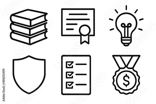 Educational Support Icons. Student Support linear icon set. book stack, certificate, light bulb, shield, checklist, scholarship badge