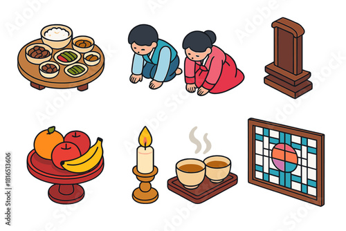Seollal Tradition Icons. Family Seollal Gathering flat icons set. traditional meal, children bowing, ancestral tablet, warm tea, fruit tray, candlelight, window lattice, gentle