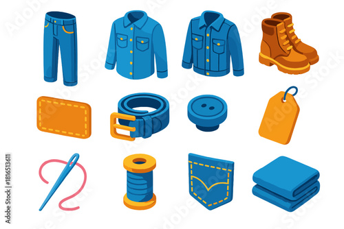 Denim Style Icons. Classic denim style flat icon set: jeans, denim shirt, jacket, boots, patch, belt, button, tag, needle, spool, pocket, folded fabric