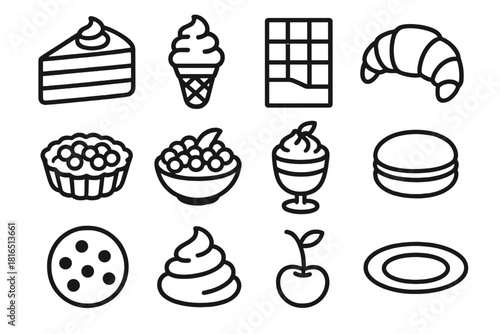 Dessert Icon Collection. Dessert creations linear icon set. cake slice, ice cream, chocolate bar, pastry, tart, fruit bowl, mousse cup, macaron, cookie, whipped cream, cherry