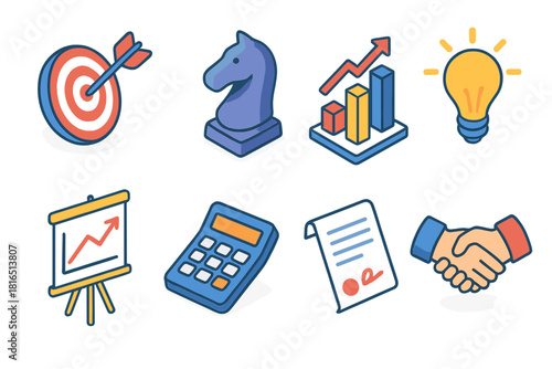 Isometric Business Icons. Business Strategy flat icons set. dartboard, chess knight, business chart, lightbulb idea, presentation board, calculator, contract, handshake