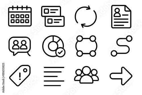 Team Coordination Icons. Team Coordination Collection linear icon set: project calendar, task cards, sync arrows, shared document, team chat, progress tracker, workflow loop