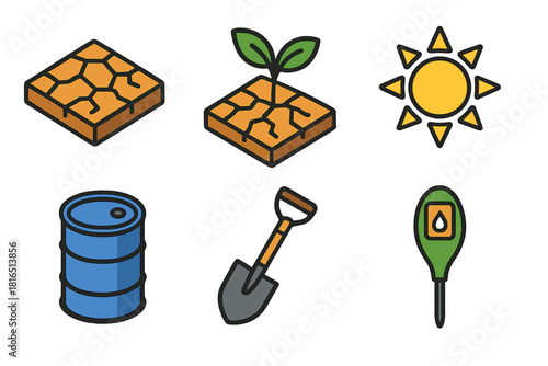 Drought Resilience Icons. Drought Resilience flat icons set. cracked soil, seedling, sun, barrel, shovel, moisture meter