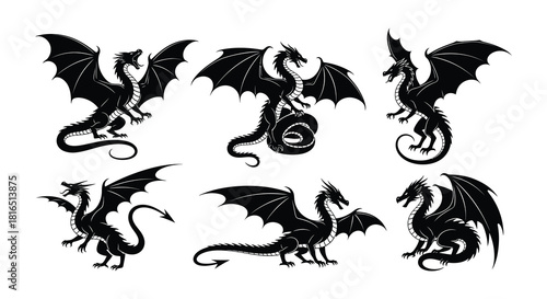 Three black dragons in flight and repose a striking mythical illustration