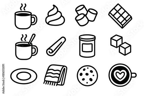 Hot Chocolate Icons. Hot Chocolate Day Classic Treats linear icon set. steaming mug, whipped cream swirl, marshmallows, chocolate bar, cinnamon stick, cocoa powder tin, spoon in