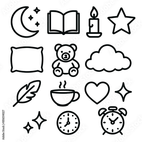 Bedtime Icons Collection. Bedtime Tales linear icon set. moon, book, candle, star, pillow, teddy bear, cloud, heart, feather, tea cup, sparkle, clock