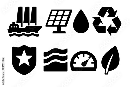 Eco-Friendly Shipping Icons. Sustainable Shipping silhouette icon set. wind-assisted vessel, solar panel, fuel drop, recycling icon, eco badge, water wave, efficiency gauge, leaf
