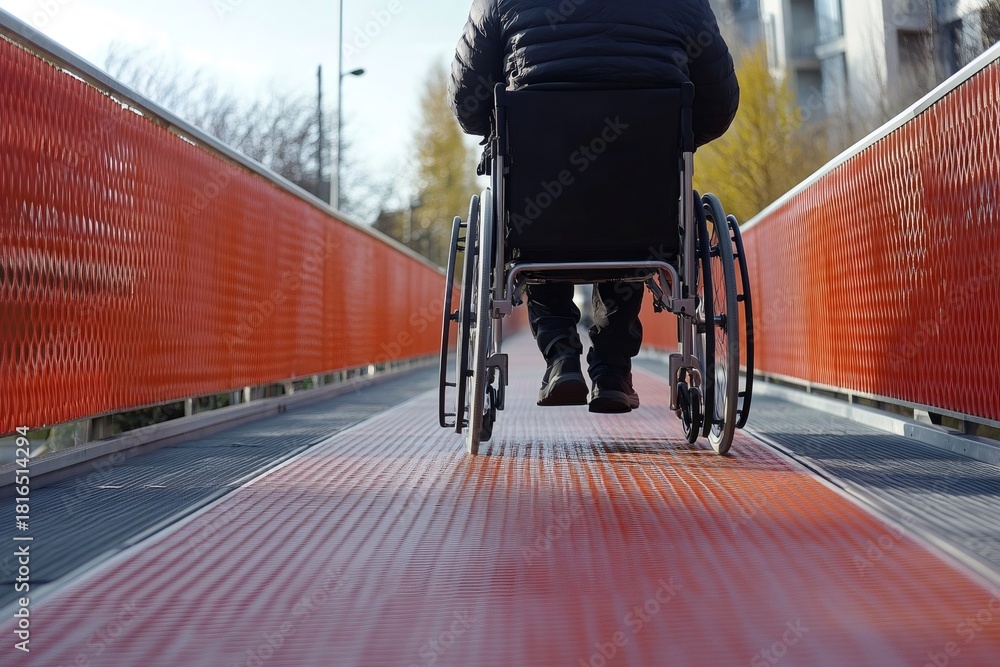 Obraz premium Person in wheelchair moving forward on a modern accessible ramp, showing independence and urban mobility