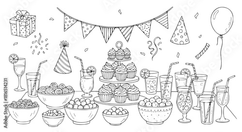 Party table with cupcakes, sweets, drinks, and bunting flags, black and white vector, neat doodle style, isolated elements