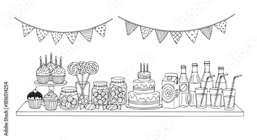 Party table with cupcakes, sweets, drinks, and bunting flags, black and white vector, neat doodle style, isolated elements
