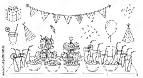 Party table with cupcakes, sweets, drinks, and bunting flags, black and white vector, neat doodle style, isolated elements