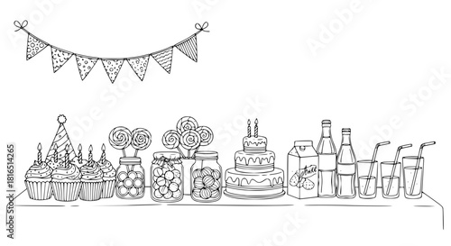 Party table with cupcakes, sweets, drinks, and bunting flags, black and white vector, neat doodle style, isolated elements