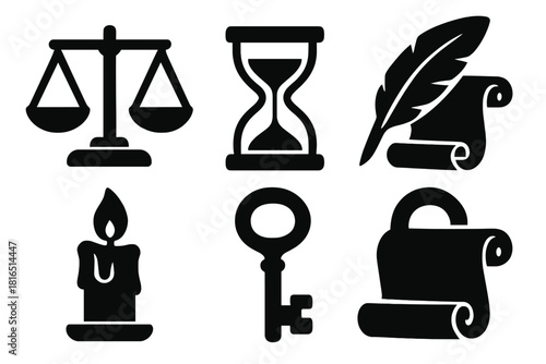 Mystic Icon Set. Mystic Tools silhouette icon set. scale, hourglass, quill, scroll, candle, key