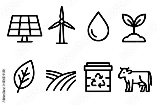 Sustainable Agriculture Icons. Sustainable Farming linear icon set: solar panel, wind turbine, water droplet, seedling, leaf, field, compost bin, cow