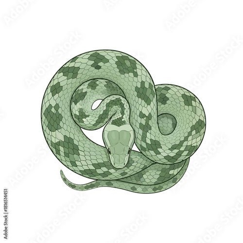 Green snake coiled, focused on the main subject, ready to strike.