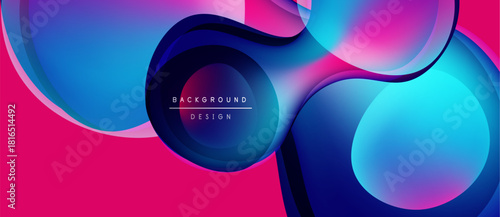 Abstract fluid shapes blend vibrant pinks, blues, purples. Modern design features text background design within central dark form.