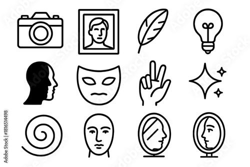 Eclectic Icon Collection. Timeless Expression linear icon set. camera, portrait, frame, feather, light bulb, shadow, mask, hand, sparkle, swirl, face, mirror