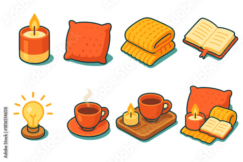 Cozy Corner Elements. Cozy Candle Corners flat icons set. burning candle, cozy pillow, knit blanket, open journal, glowing light, teacup, wooden tray, peaceful corner