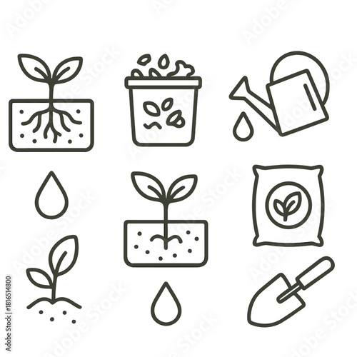 Soil Nutrition Icons. Soil nutrition concept linear icon set: root system, compost, watering can, fertilizer sack, plant sprout, droplet, soil cross-section, trowel , fine natural