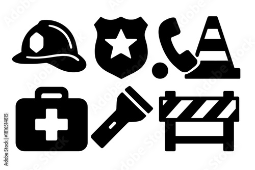 Safety Service Icons. Public Service Roles Safety silhouette icon set: firefighter helmet, police shield, emergency phone, alert dot, safety cone, first aid kit, flashlight