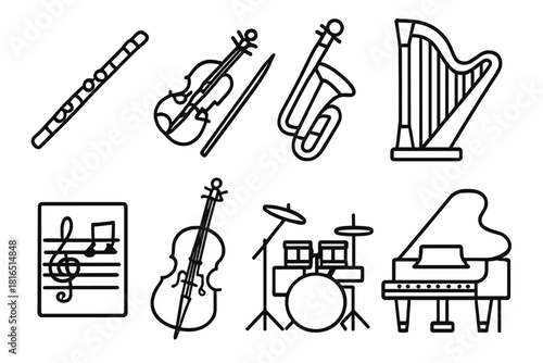 Musical Instrument Icons. Instrumental Music linear icon set: flute, violin, harp, trombone, music score, cello, drum set, grand piano