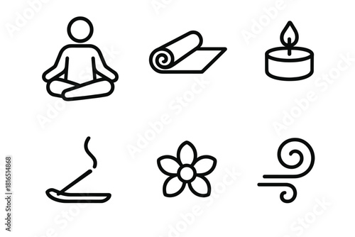 Mindful Practice Icons. Mindful Practice linear icon set: lotus pose, mat, candle, incense stick, flower, breath swirl