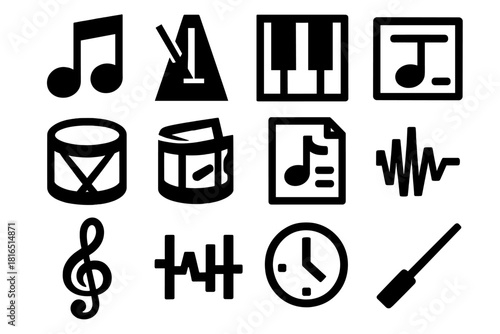 Brutalist Music Icons. Musical Cadence silhouette icon set. music note, metronome, piano keys, drum, sheet music, sound wave, treble clef, rhythm line, beat pulse, headphones