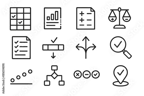 Option Evaluation Icons. Option Evaluation Methods linear icon set: decision grid, comparison chart, pros-and-cons list, weighted scale, criteria sheet, scoring bar, branching