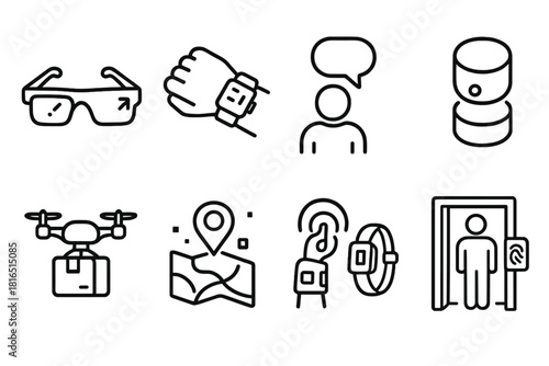 Futuristic Tech Icons. Cyber Lifestyle linear icon set: smart glasses, wrist device, hologram chat, digital assistant, drone delivery, augmented map, wearable tech, biometric gate