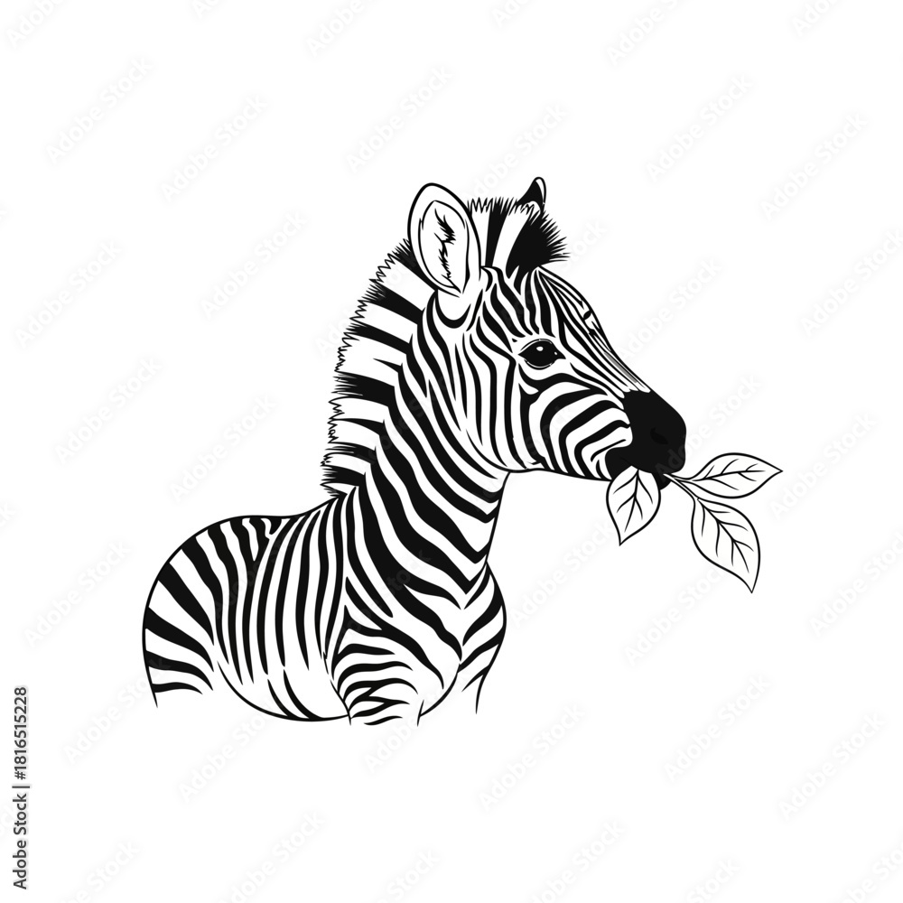 Fototapeta premium Zebra eating leaves, black and white illustration, nature.