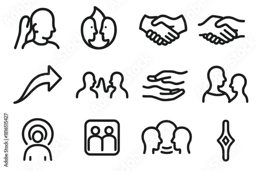 Interpersonal Icon Set. Interpersonal Adaptation Icons linear icon set: active listening pose, empathy flame, collaborative hands, shift arrow, connection wave, support gesture