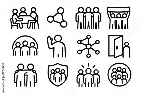 Unity Icons Collection. Community Togetherness linear icon set: meeting table, group nodes, linked arms, shared banner, unity arc, friendly wave, connection dots, open door