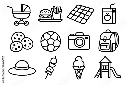 Family Picnic Fun. Family outing set linear icon set: stroller, food tray, picnic mat, juice box, cookies, soccer ball, camera, backpack, hat, fruit skewer, ice cream cone
