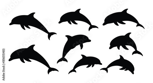 Silhouette depictions of several playful dolphins leaping and swimming in water